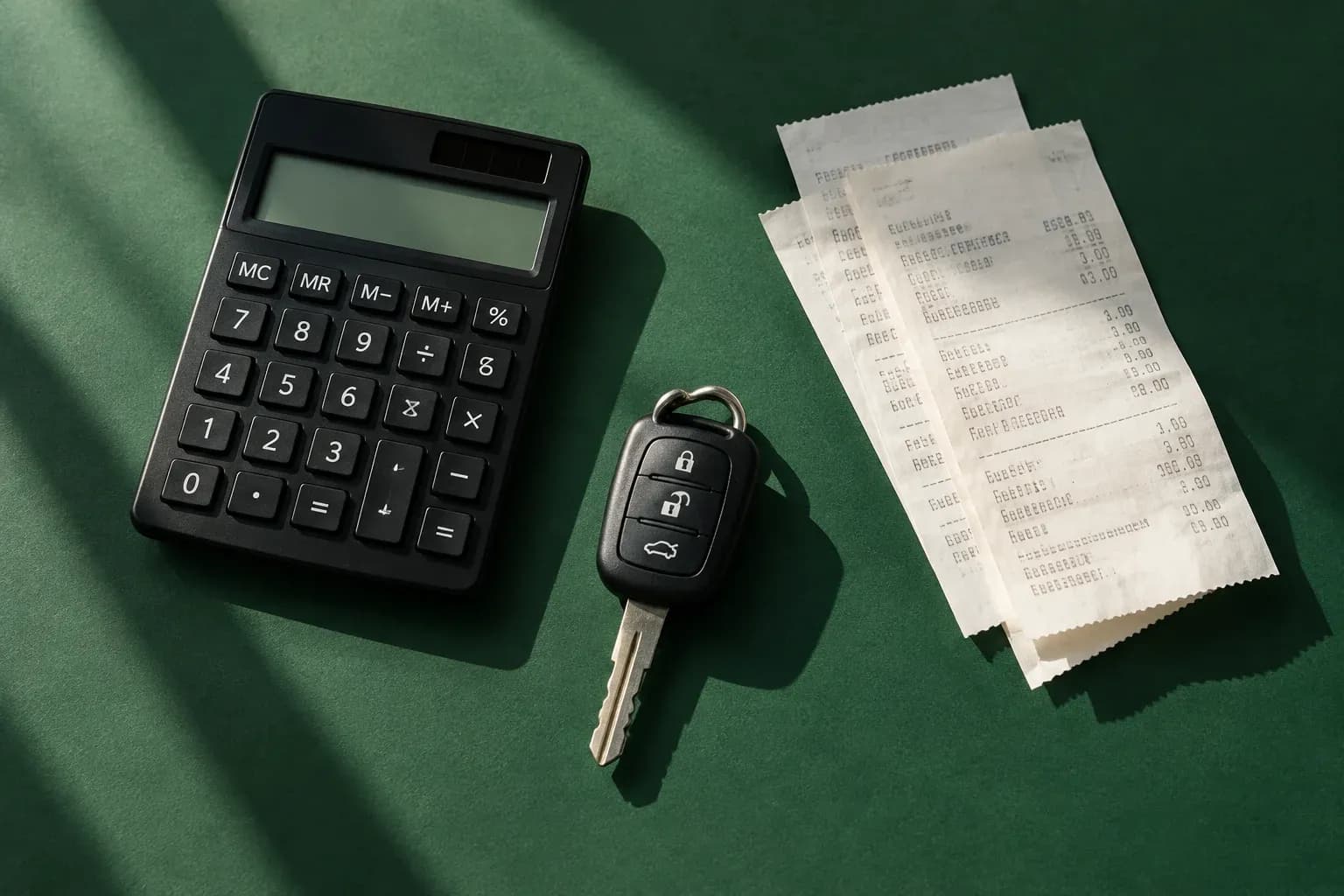 A simple black calculator, one car key and three overlapping cream receipts on a deep green surface