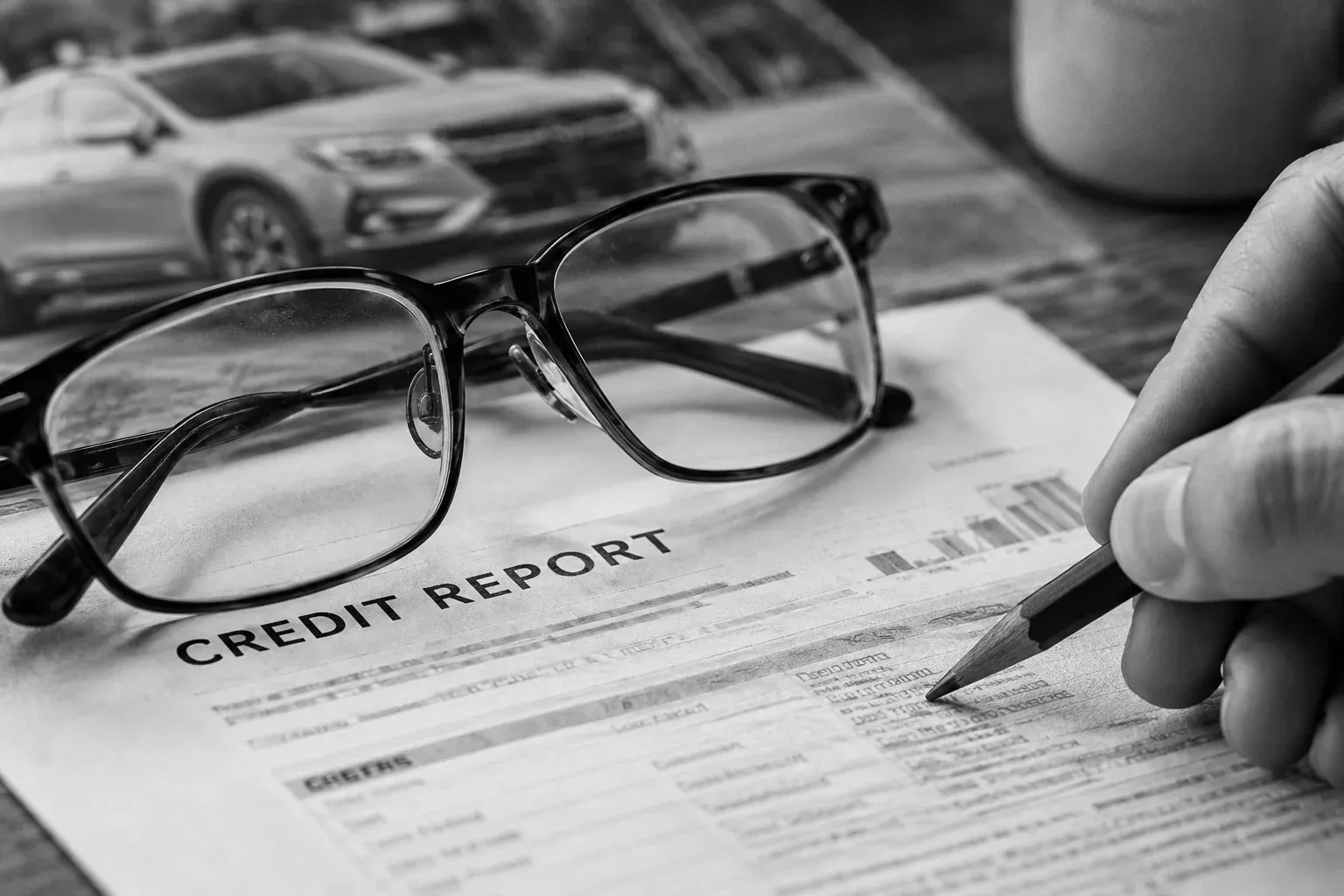 Reading glasses rest across a paper credit report while a hand holds a graphite pencil near a line of fine unreadable print