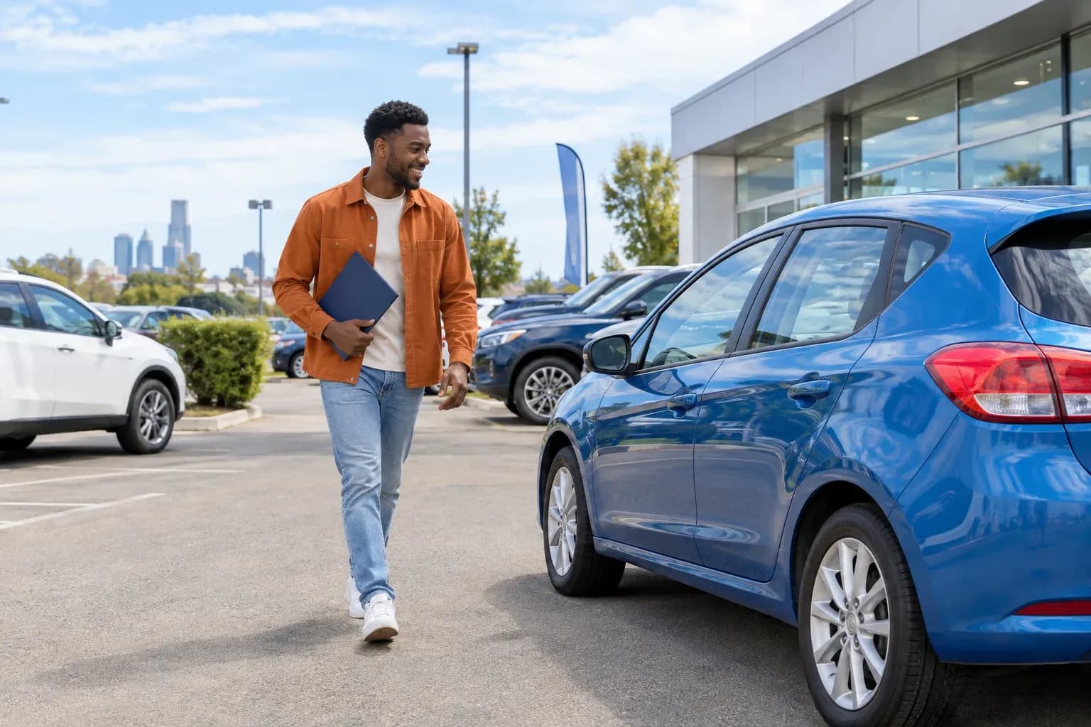 A young Black man wearing a burnt-orange overshirt carries a navy document folder toward a modest blue hatchback outside a contemporary Australian dealership