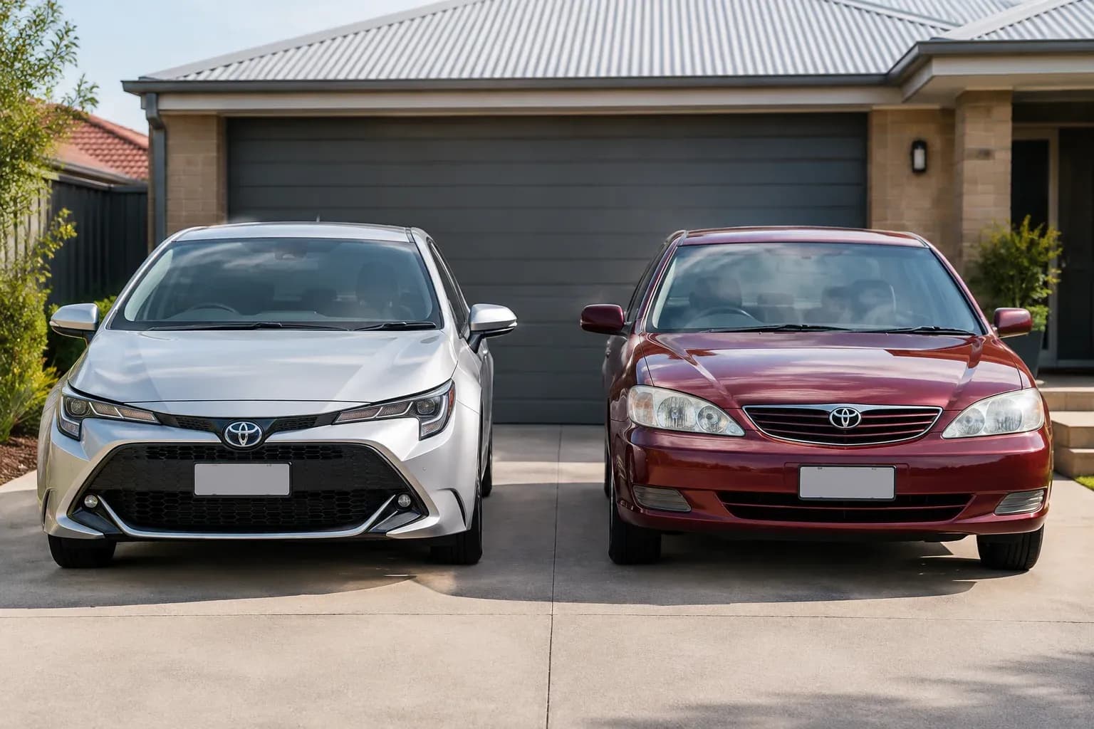 A clean newer hatchback and a well-maintained older sedan parked side-by-side outside a suburban garage