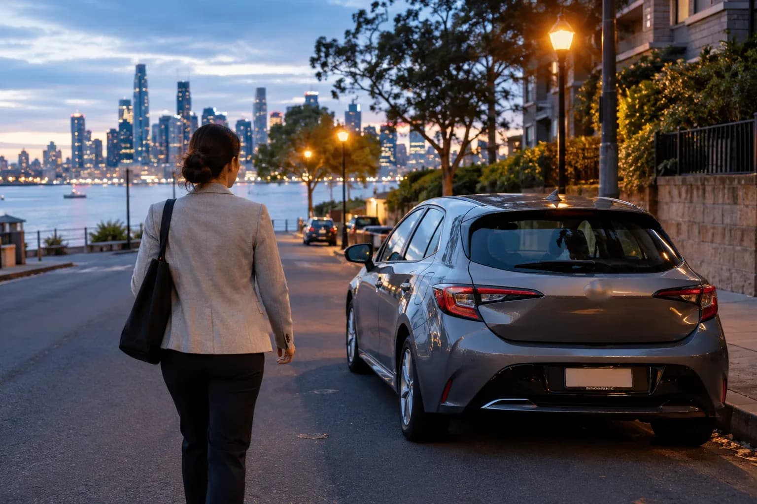 A professional in a light grey jacket walks toward a practical parked hatchback on a quiet side street