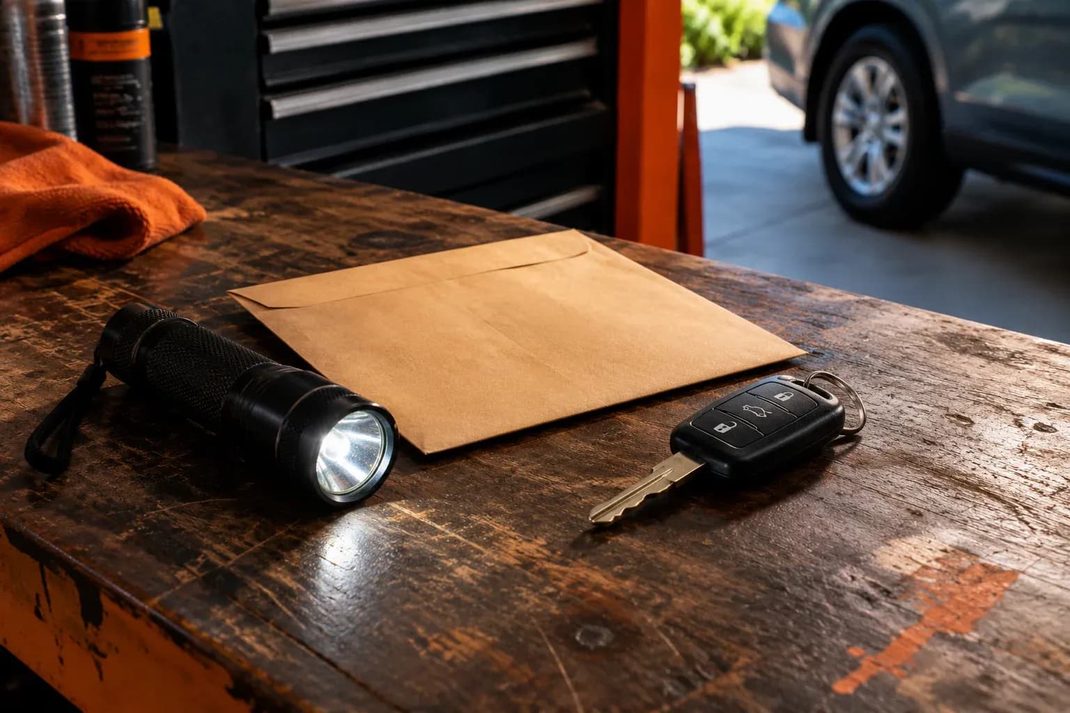 Small emergency torch, plain savings envelope and spare car key on a garage workbench