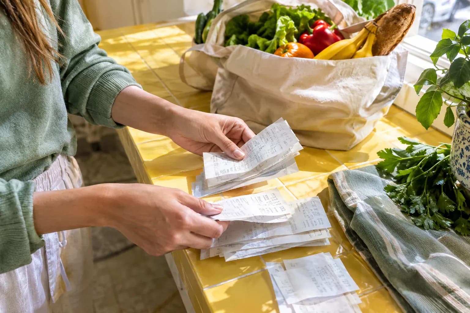 Hands dividing weekly shopping receipts beside a cloth grocery bag on a tiled bench