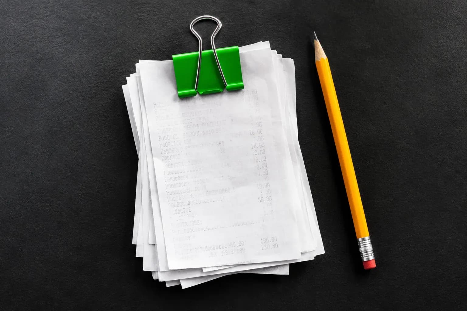 A neat stack of paper slips held by one bright green bulldog clip with a pencil beside it