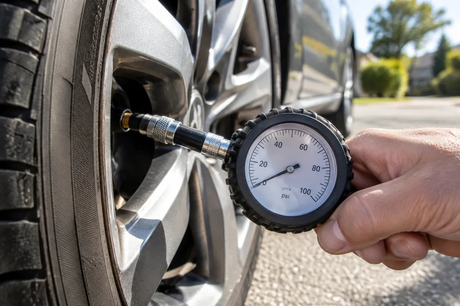 Tyre pressure gauge attached to a parked car tyre, hand at frame edge