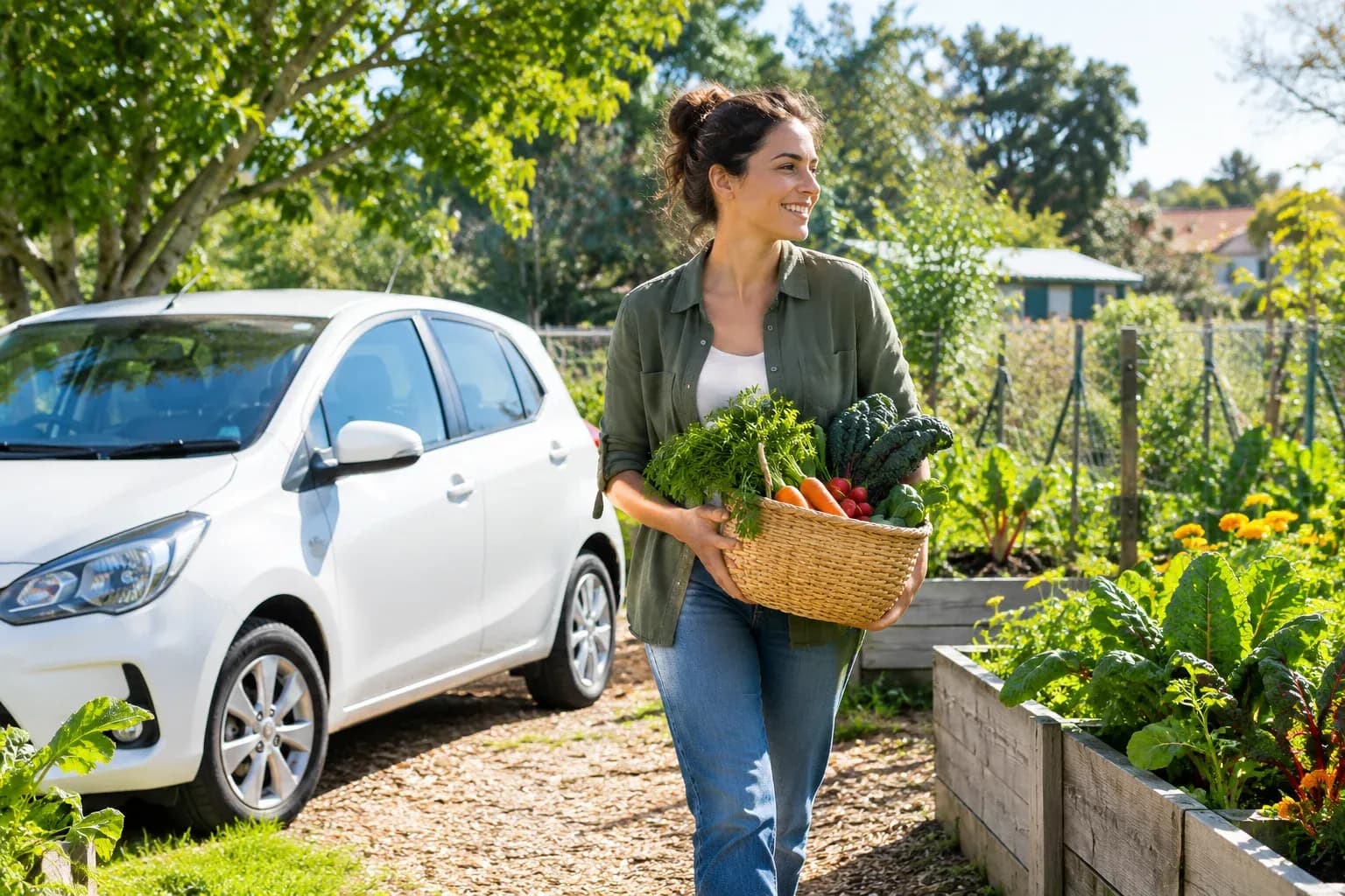 Compact white car parked beside a community garden with a person carrying a basket of vegetables