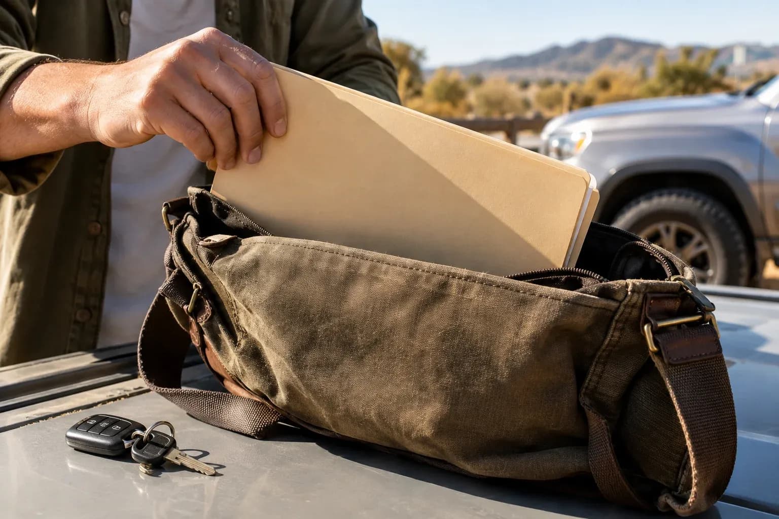 A hand places a neatly organised plain folder into a canvas messenger bag beside car keys
