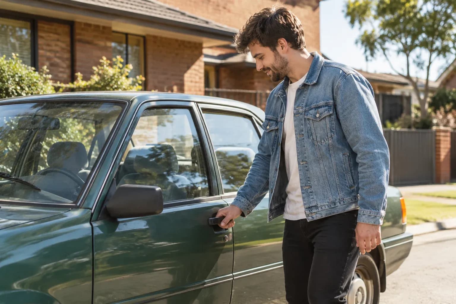 A man in a faded denim jacket opening a parked older green car on a bright suburban morning