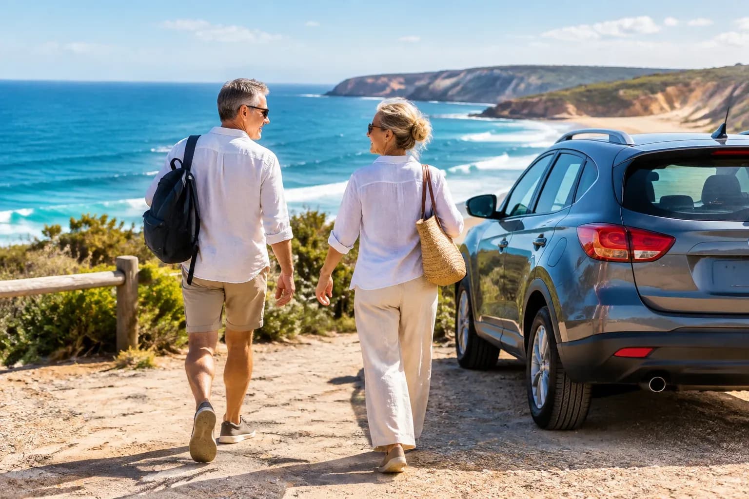 Retired couple in light linen walking toward their parked compact car after a morning stroll