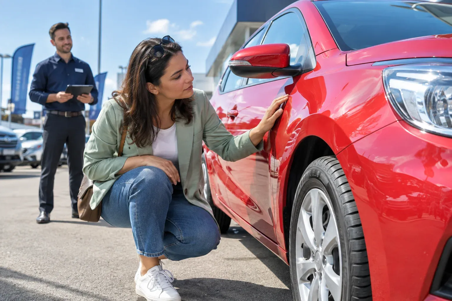 A woman in a sage jacket examining a compact red car's bodywork, adviser in distance