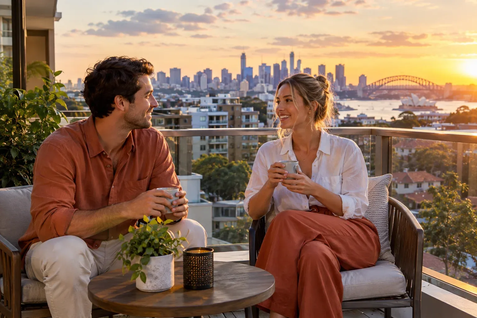 Two young adults in casual terracotta and white clothing talking over coffee, city rooftops beyond, no laptop