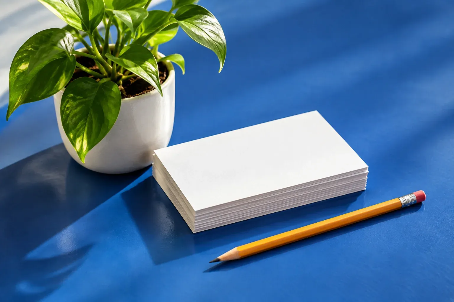 A small green plant beside a simple stack of blank index cards and a pencil on cobalt surface