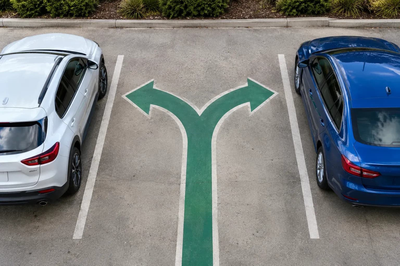 Two everyday cars parked on opposite sides of a painted directional fork
