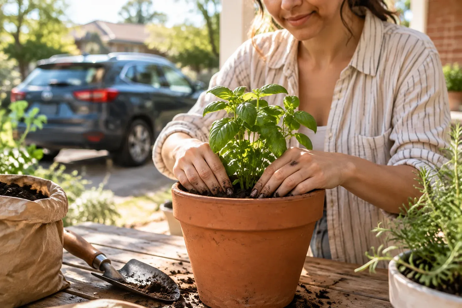 Hands planting a young herb in a terracotta pot on a suburban porch, parked car blurred behind