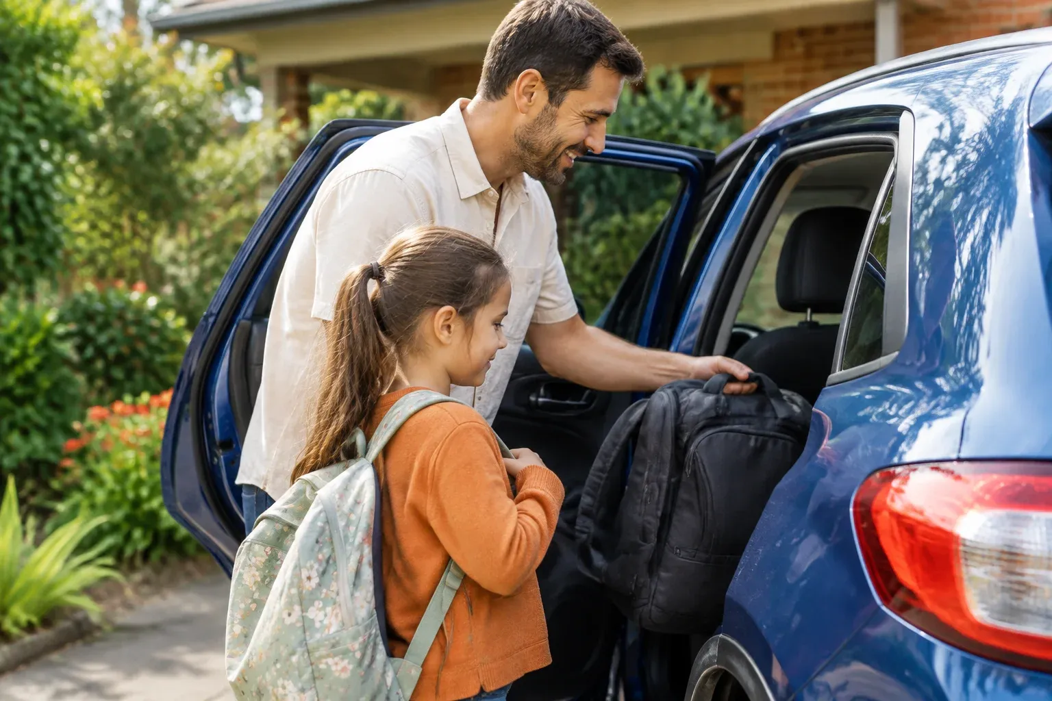 Father and school-age child loading school bags into a parked blue car at home