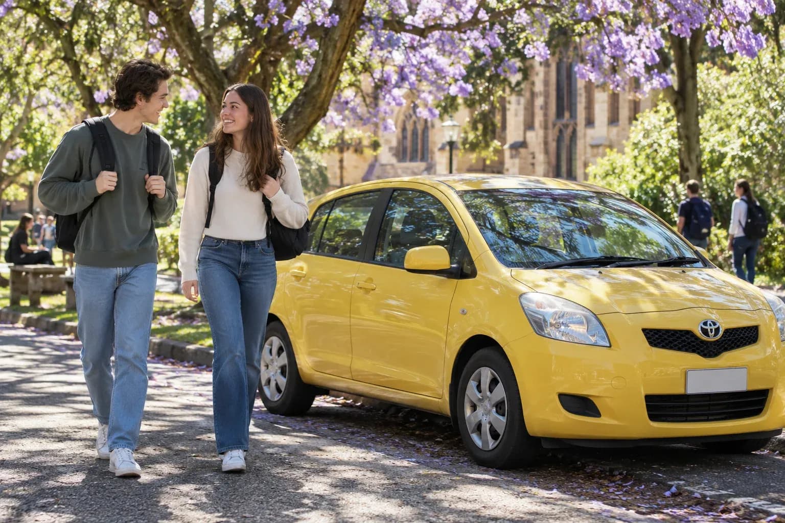 Two students carrying backpacks beside a modest yellow hatchback under flowering trees