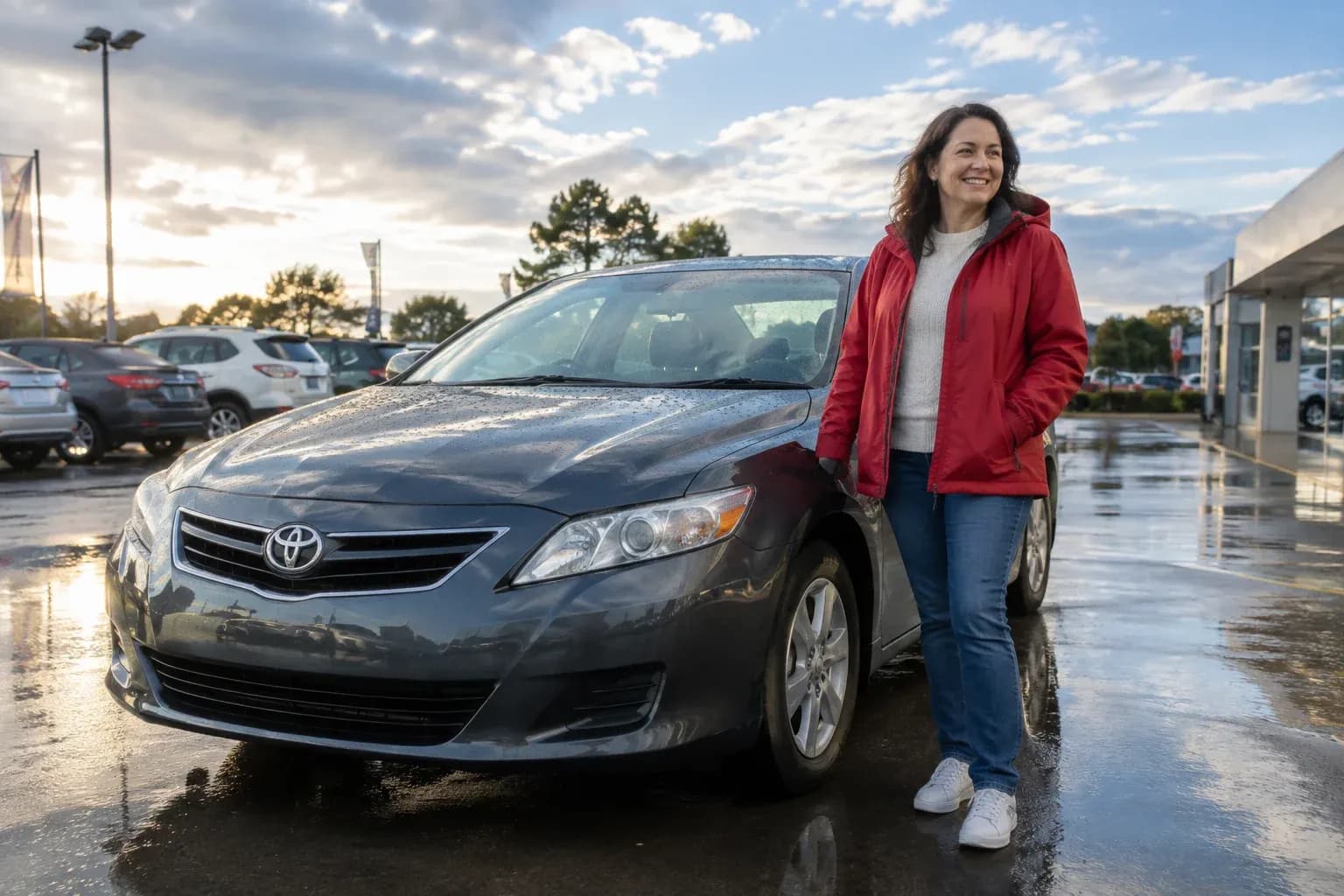 A middle-aged woman in a red jacket standing beside a well-kept used car after rain