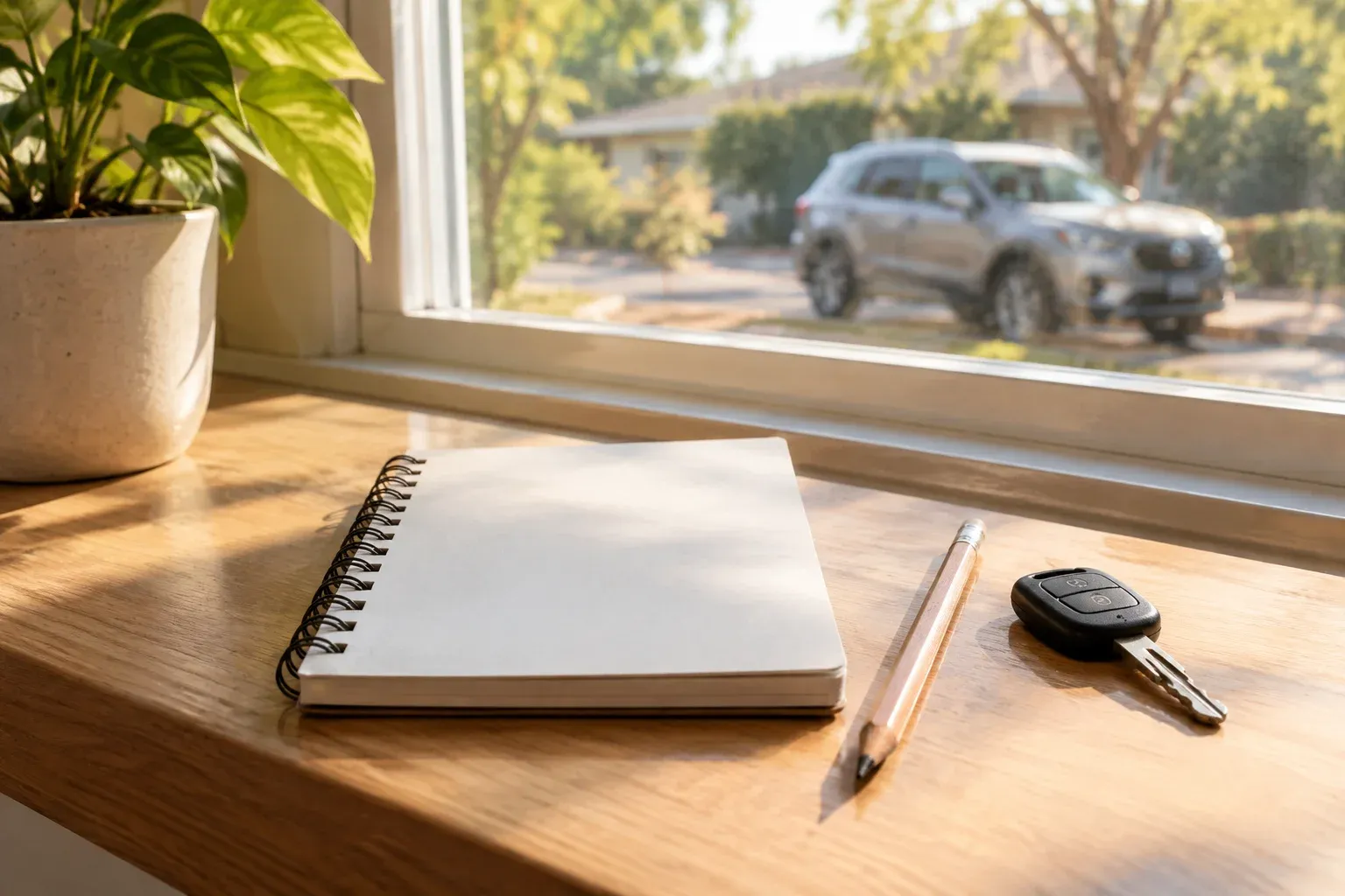 A fresh blank notebook, pencil and single key on a pale timber shelf by a window