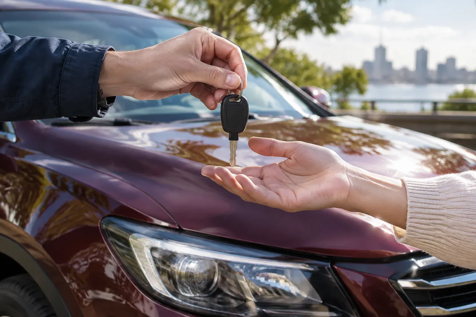 A hand passes one plain car key to another hand above a parked car's burgundy bonnet