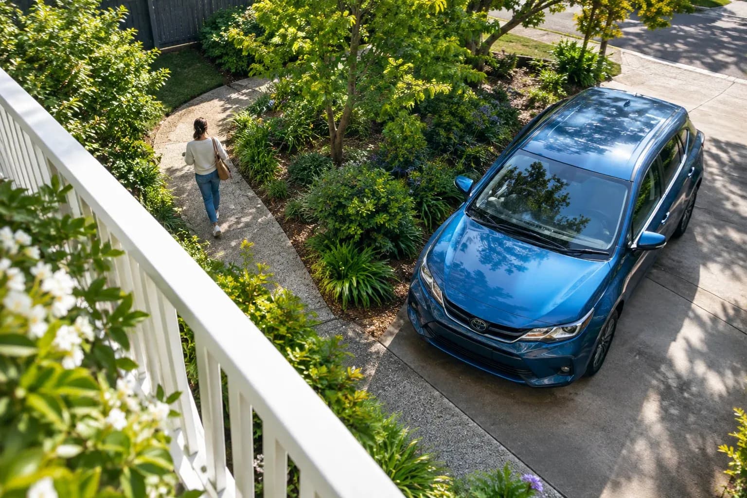 A straight white railing and a winding garden path beside a modest parked blue car