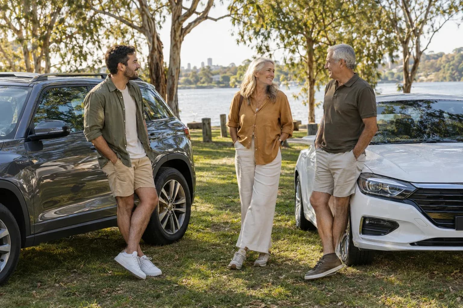 Three adults of different ages standing beside two practical parked cars at a leafy picnic area