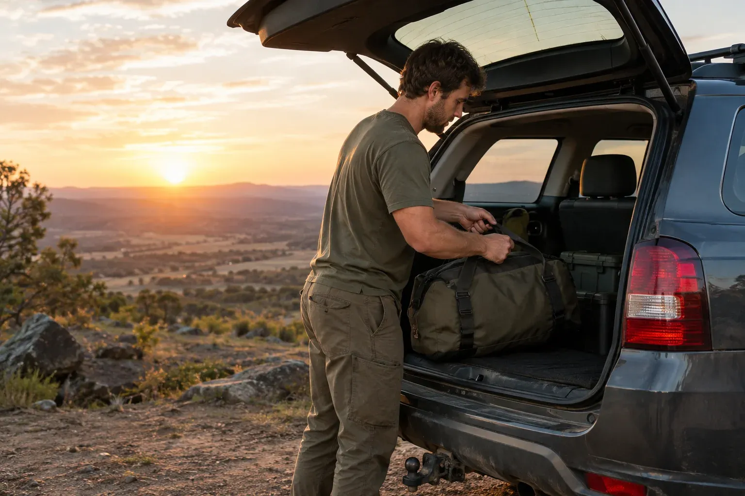 A man in plain olive casual clothes packs a sturdy duffel into a practical wagon at sunrise