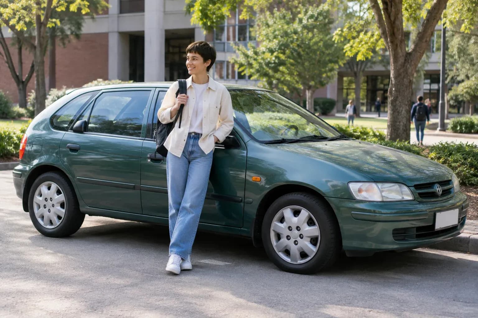 Young woman with cropped hair in a cream overshirt stands beside an older green hatchback, backpack on shoulder