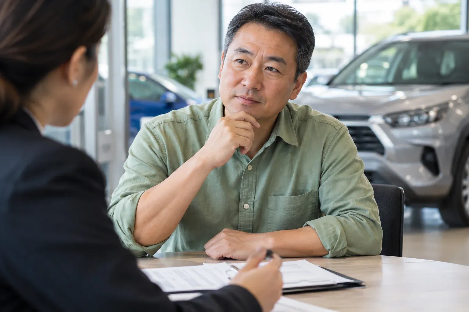 Middle-aged East Asian man in a soft green shirt listening thoughtfully to an adviser across a desk, paperwork out of focus