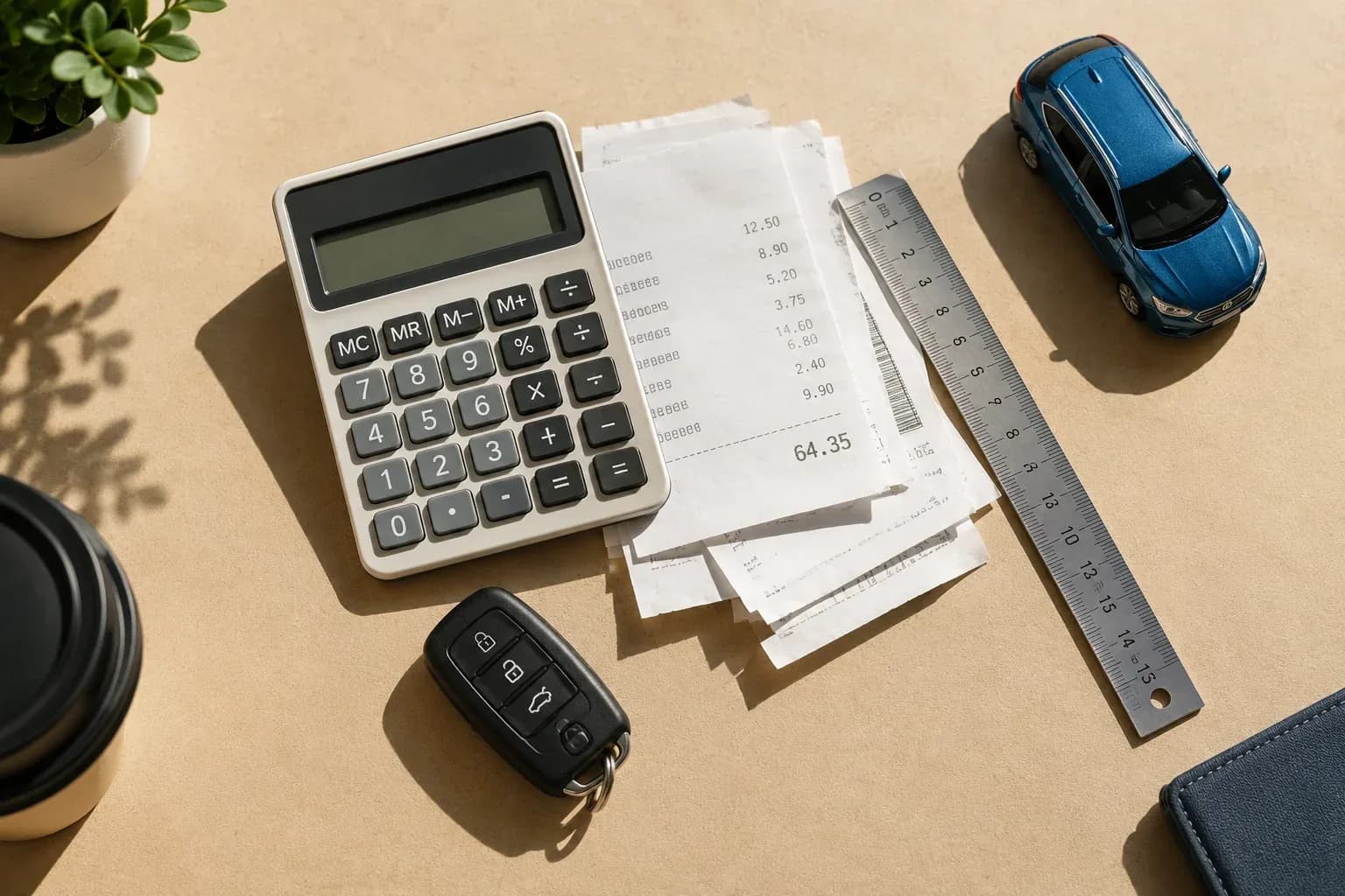 Small calculator, neatly stacked household receipts and a simple ruler on sand-coloured paper