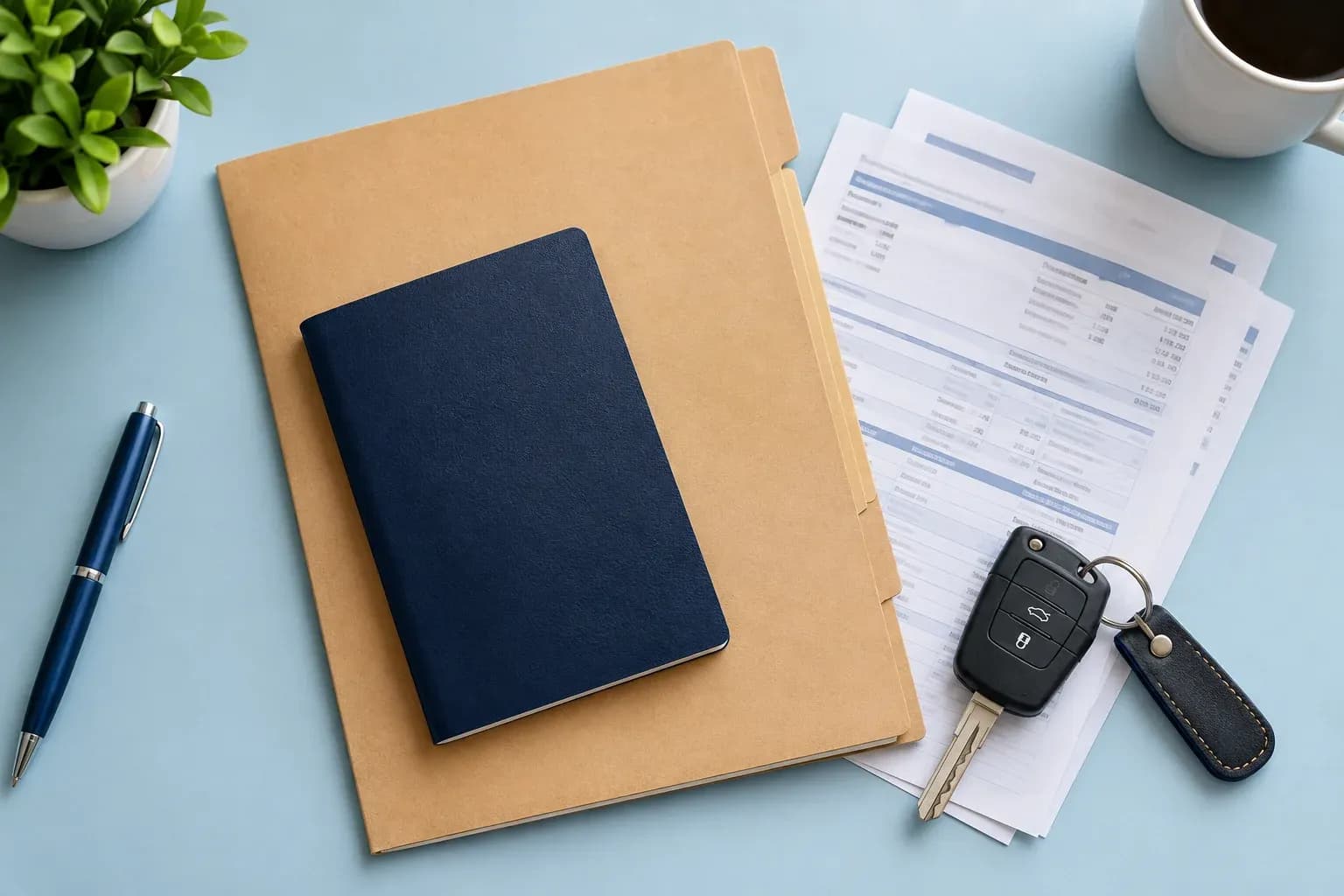 A closed passport with no visible insignia, plain document folder, pay slips and car keys carefully arranged on a pale blue desk