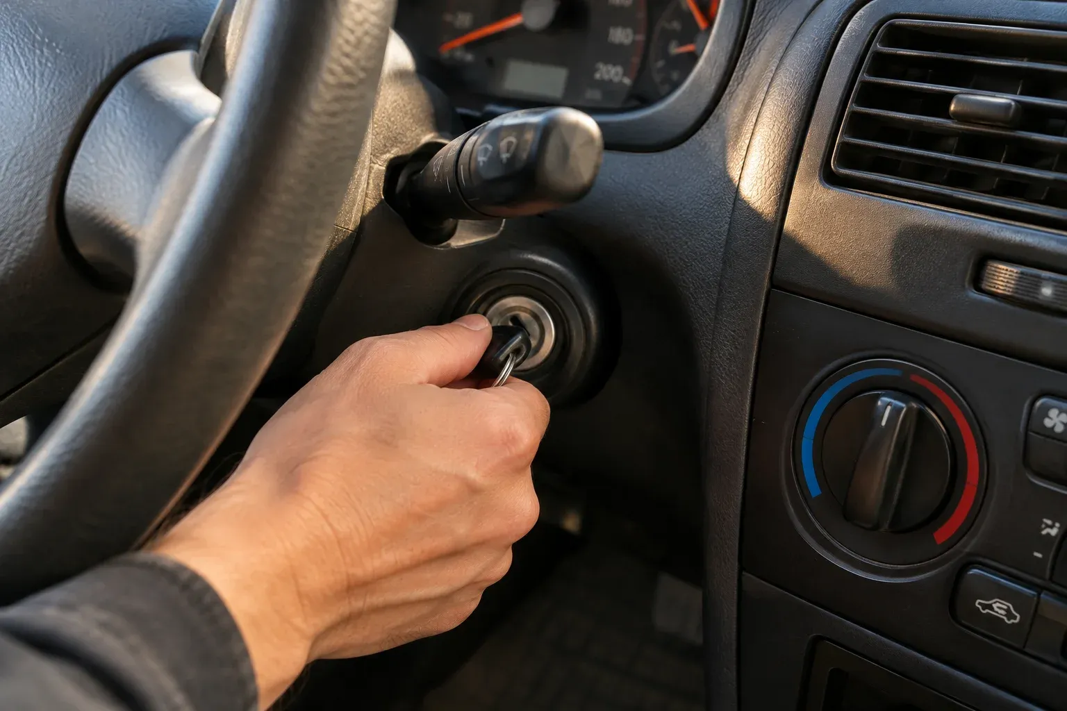 A hand turning a plain key in the ignition of a parked older compact car