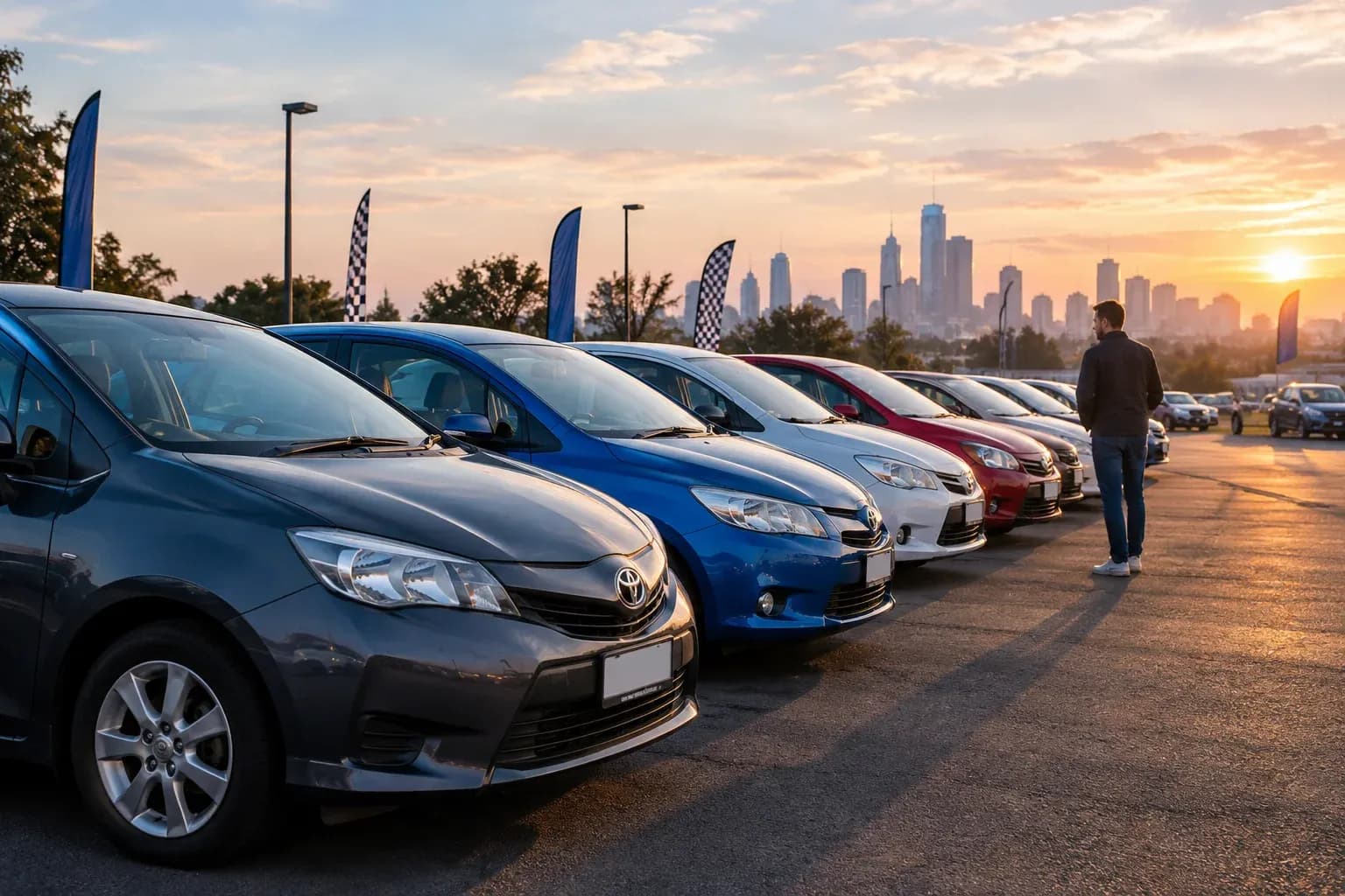 A row of everyday used hatchbacks viewed diagonally at dawn, a person browsing in the distance