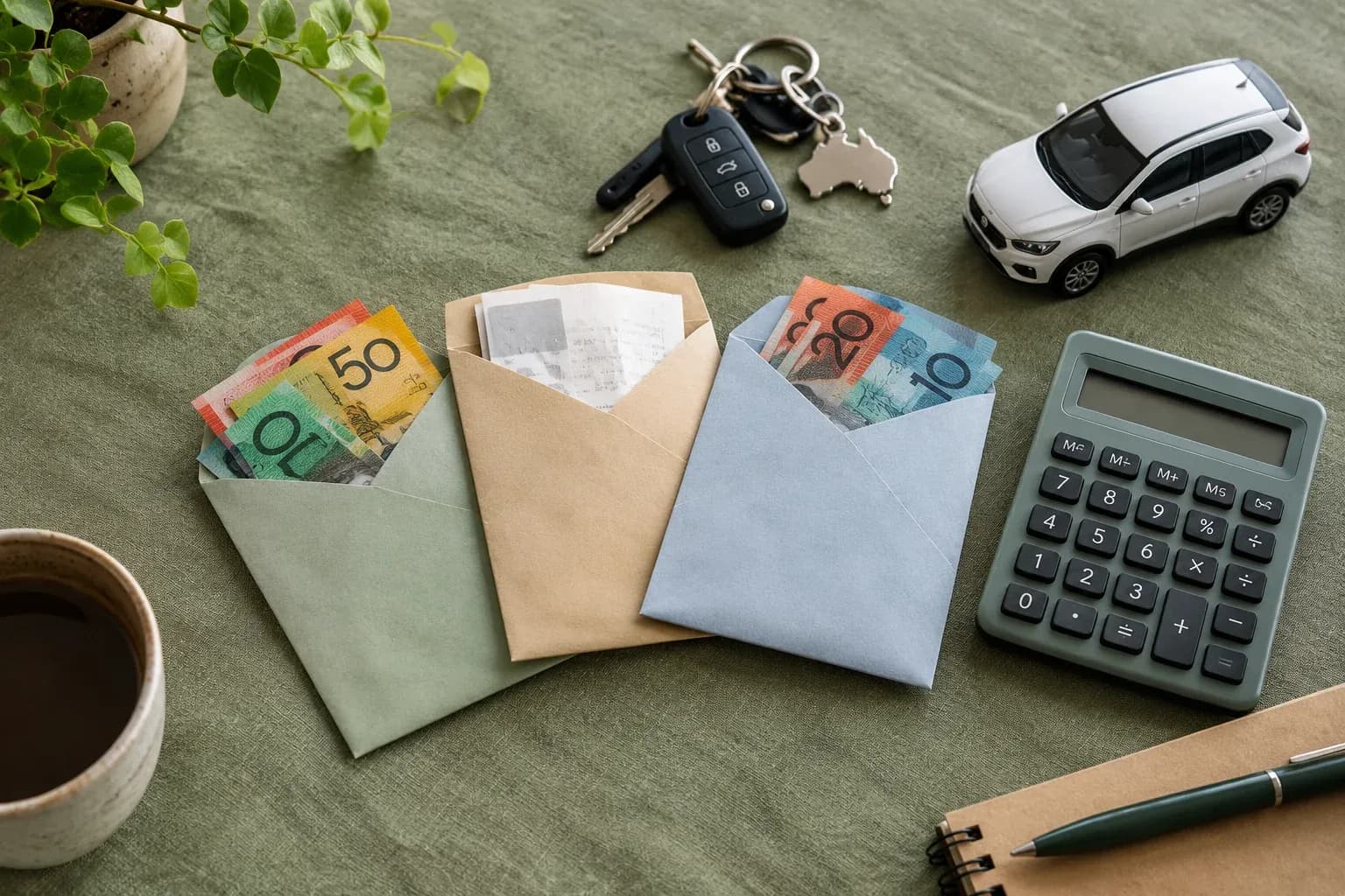 Three small open household budgeting envelopes and a compact calculator on sage-green linen