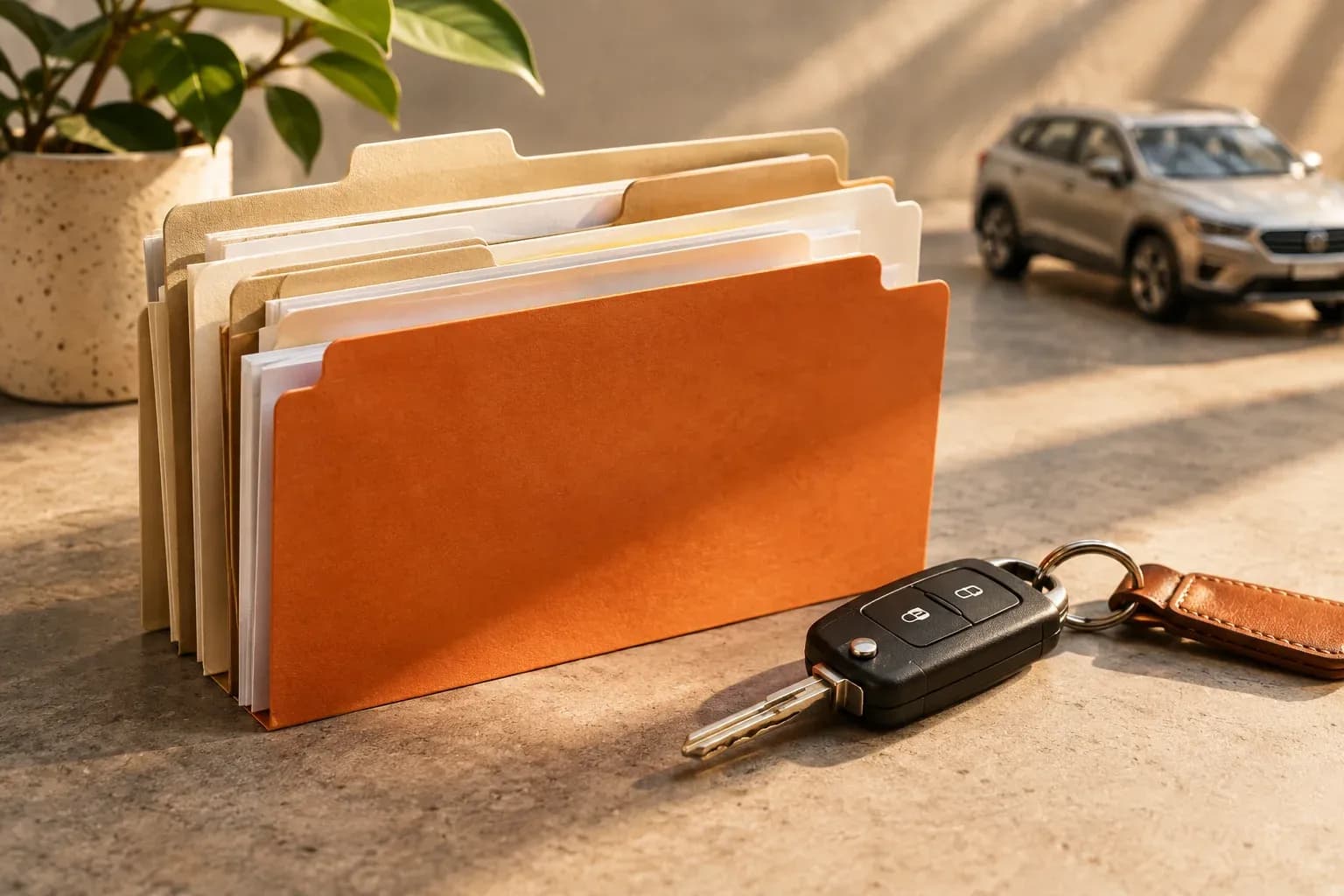 Tidy file dividers of different heights with a single car key beside them on warm grey stone