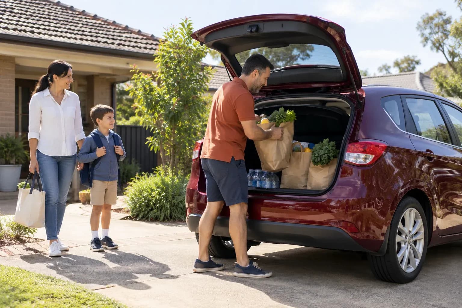A father in a rust polo packs groceries into a maroon hatchback beside a modest home, child standing safely with another adult nearby