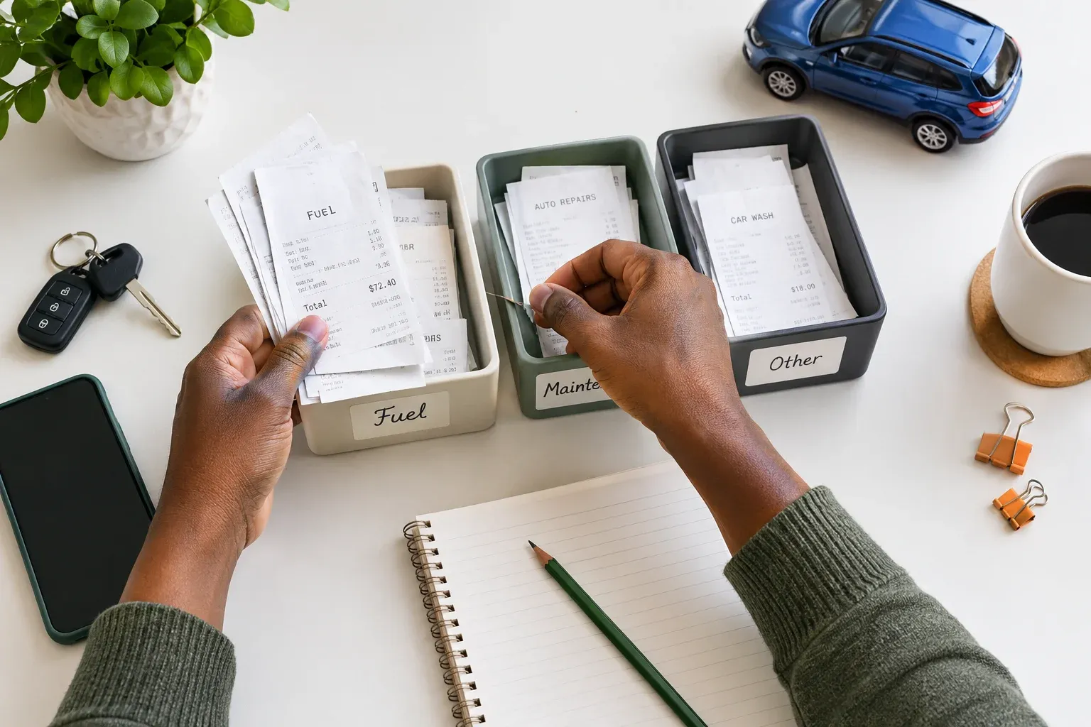 A person's dark-skinned hands sort fuel receipts into three small trays at a white desk