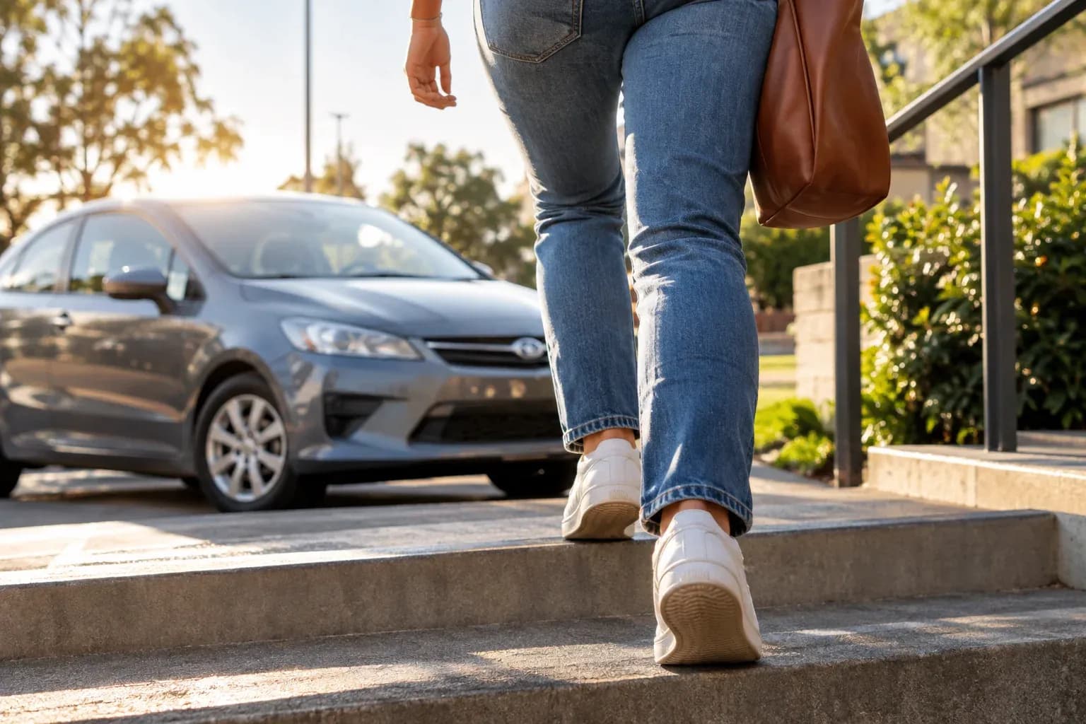 A person in jeans climbing sunny exterior steps, modest parked car softly visible behind