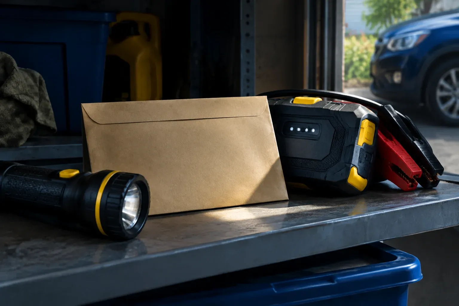 A plain emergency envelope, torch and compact car jump starter on a garage shelf