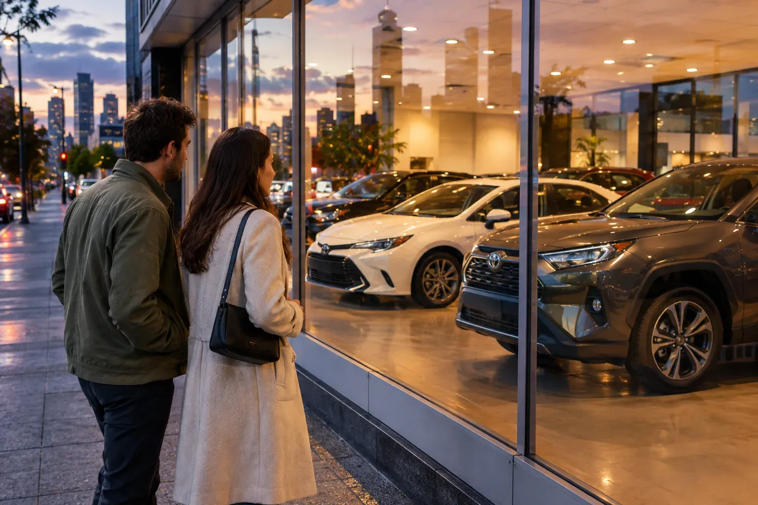 A young couple in olive and cream coats window-shopping used cars behind a dealership glass frontage