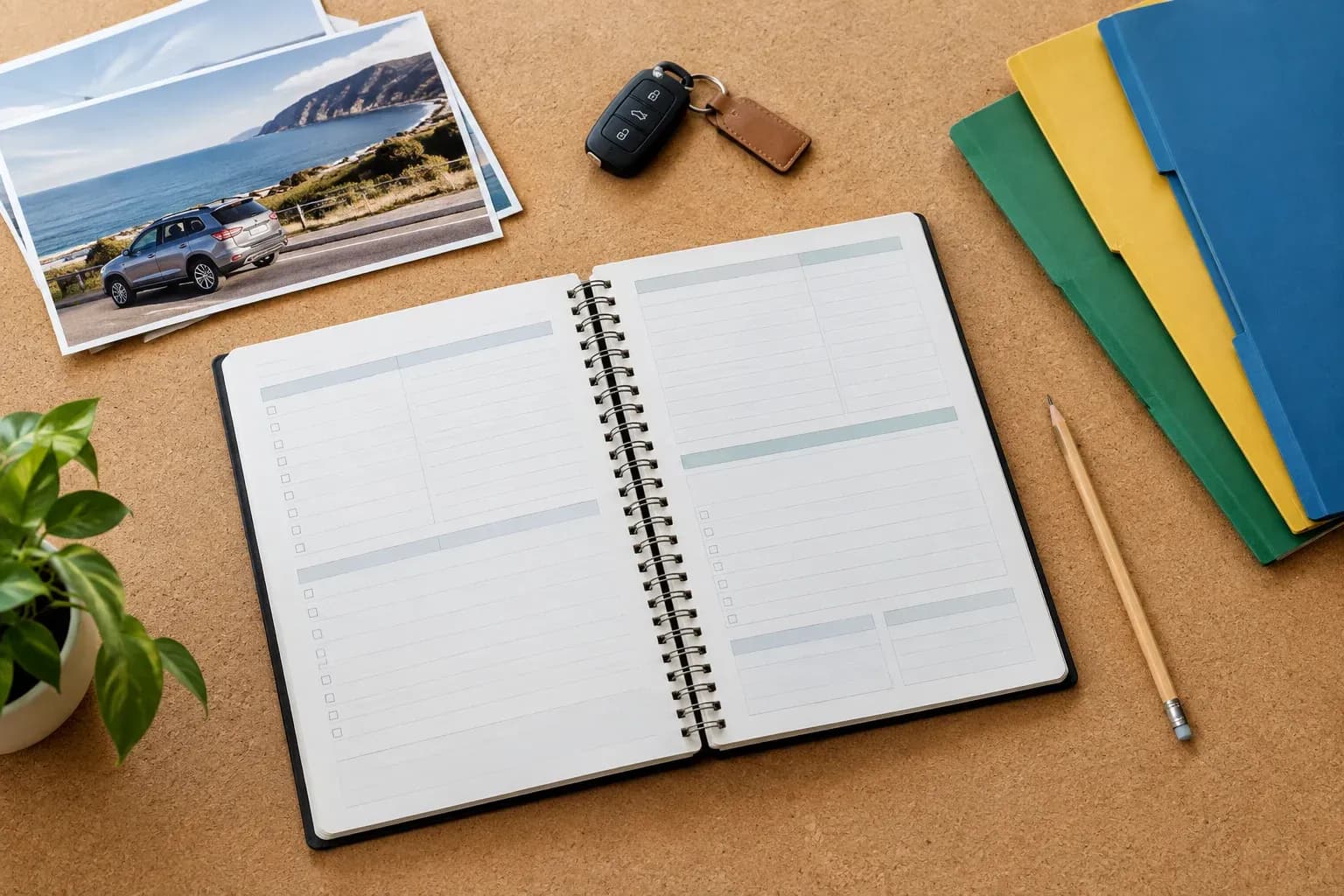 A large open planner, simple pencil and three coloured document folders on a pale cork desk