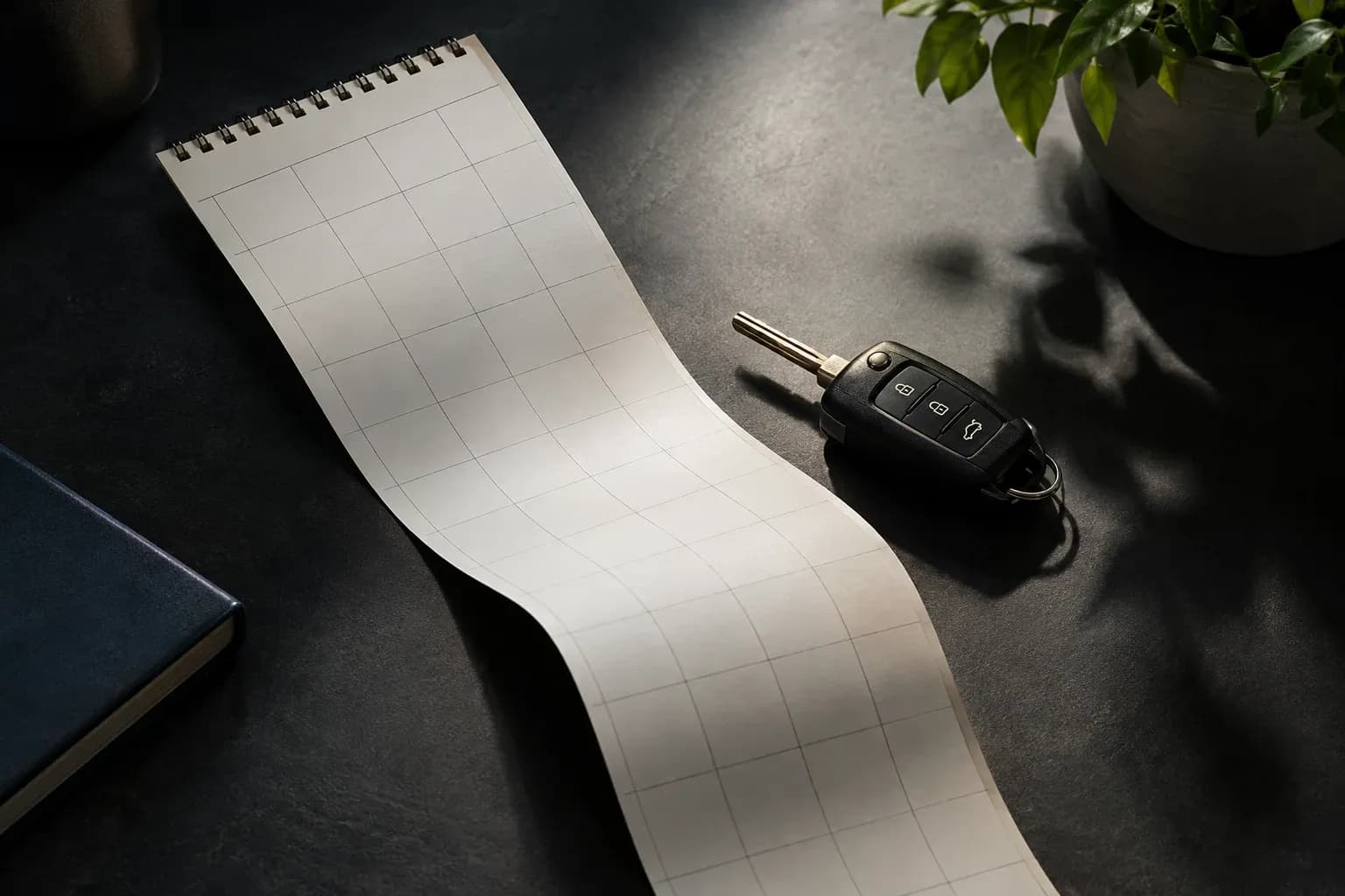 A long strip of blank calendar paper curves across a dark charcoal desk toward a car key