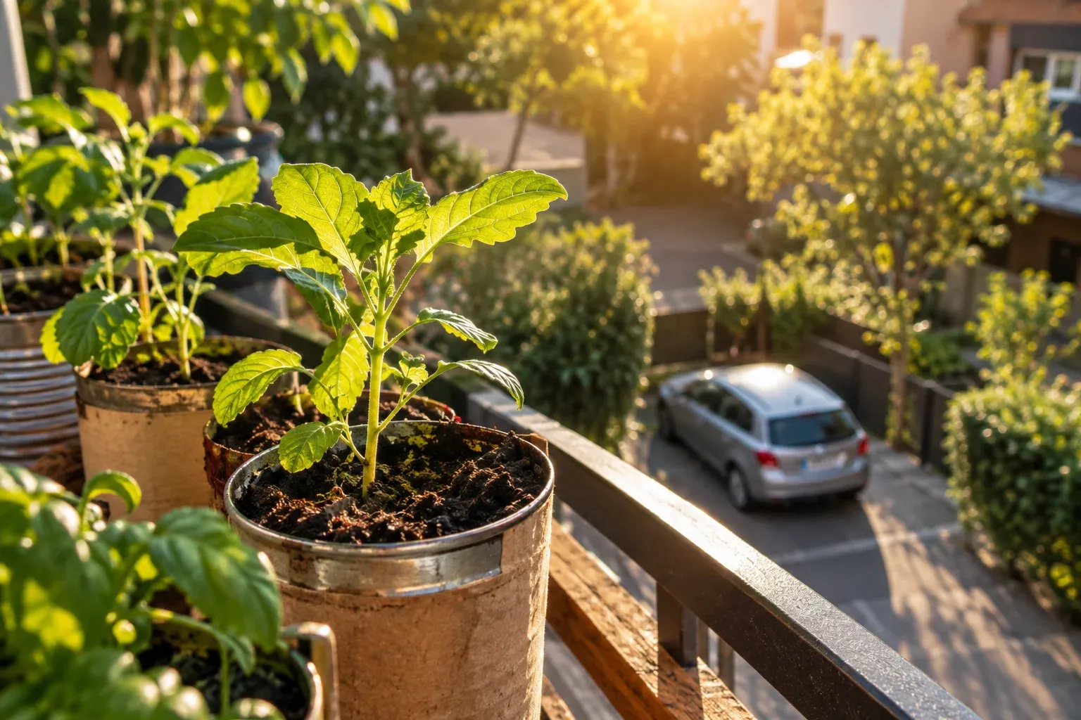 Young green seedlings in recycled pots on a balcony, a parked compact car far below