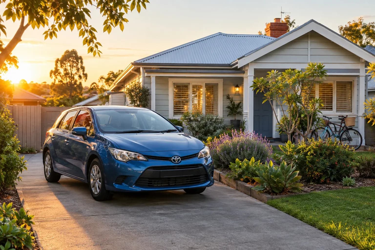 Modest blue car in front of a small renovated home with garden beds and bicycles