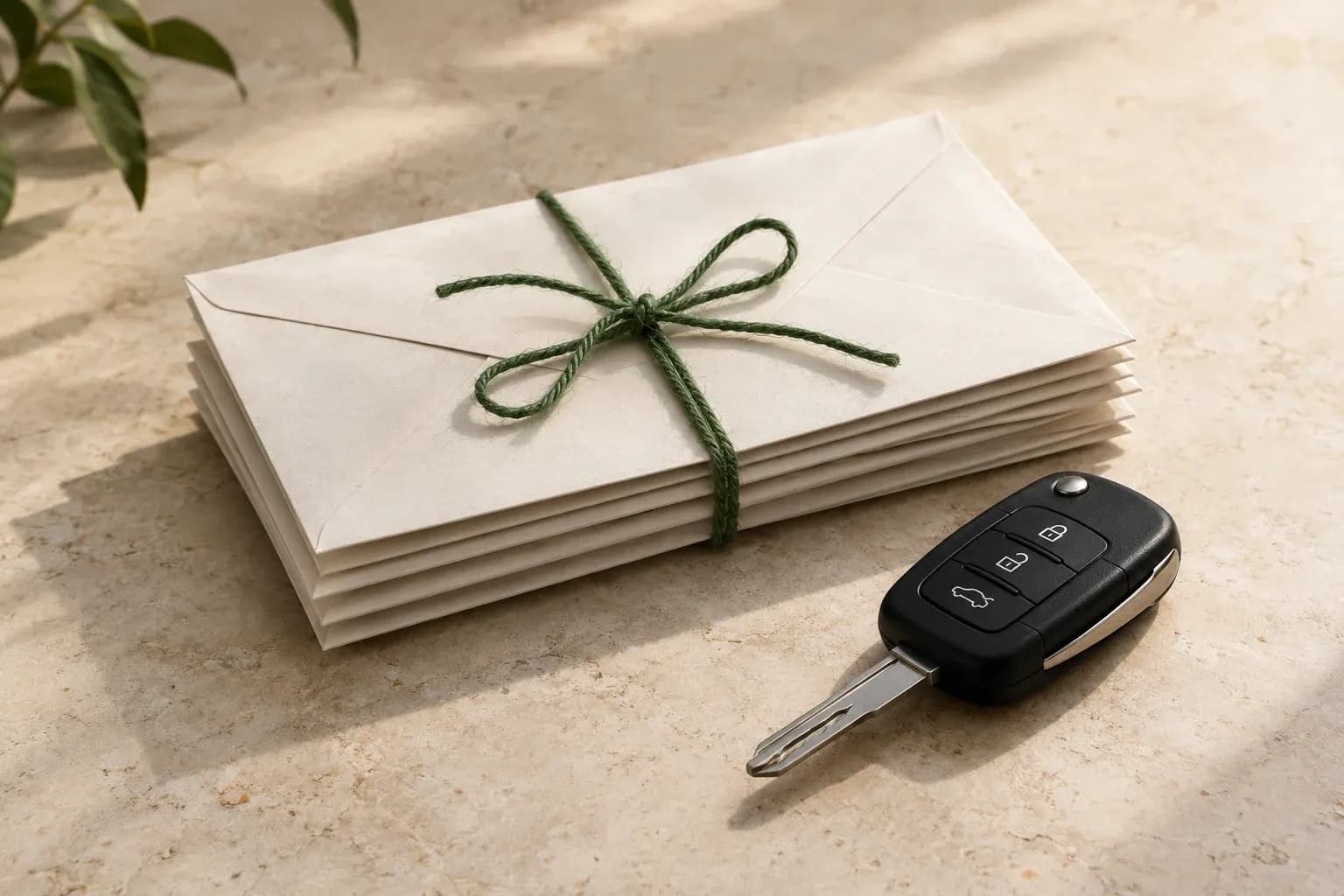 A small stack of plain envelopes tied with green cotton cord beside one car key on cream stone