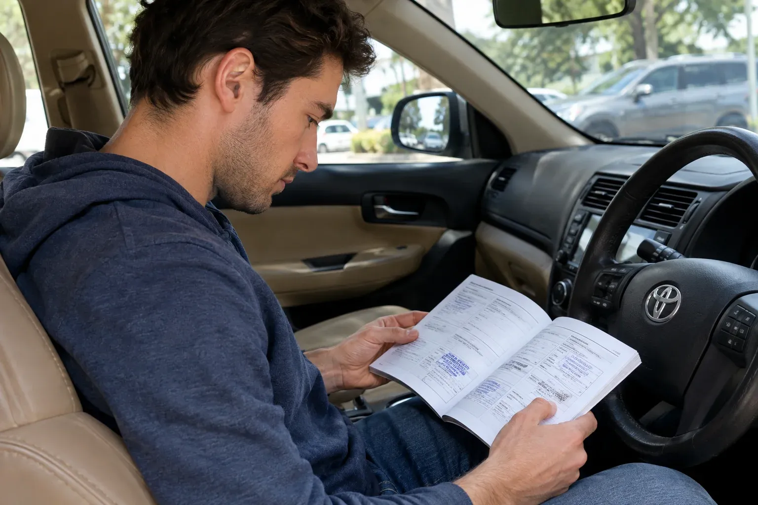 A young man carefully examining a used car's service book while seated in its parked interior