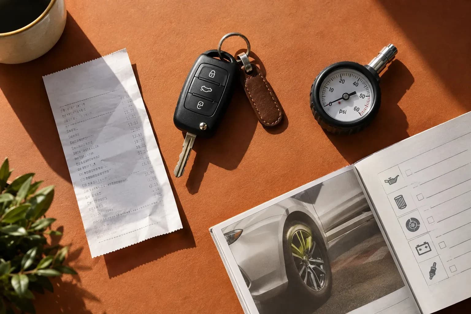 Car key, fuel receipt, small tyre pressure gauge and service booklet arranged on warm terracotta surface