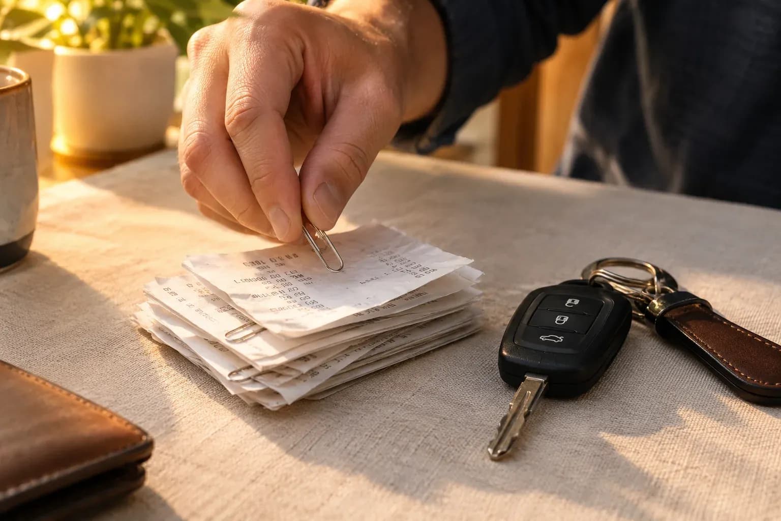 A hand removes a final paper clip from a thin stack of receipts beside car keys