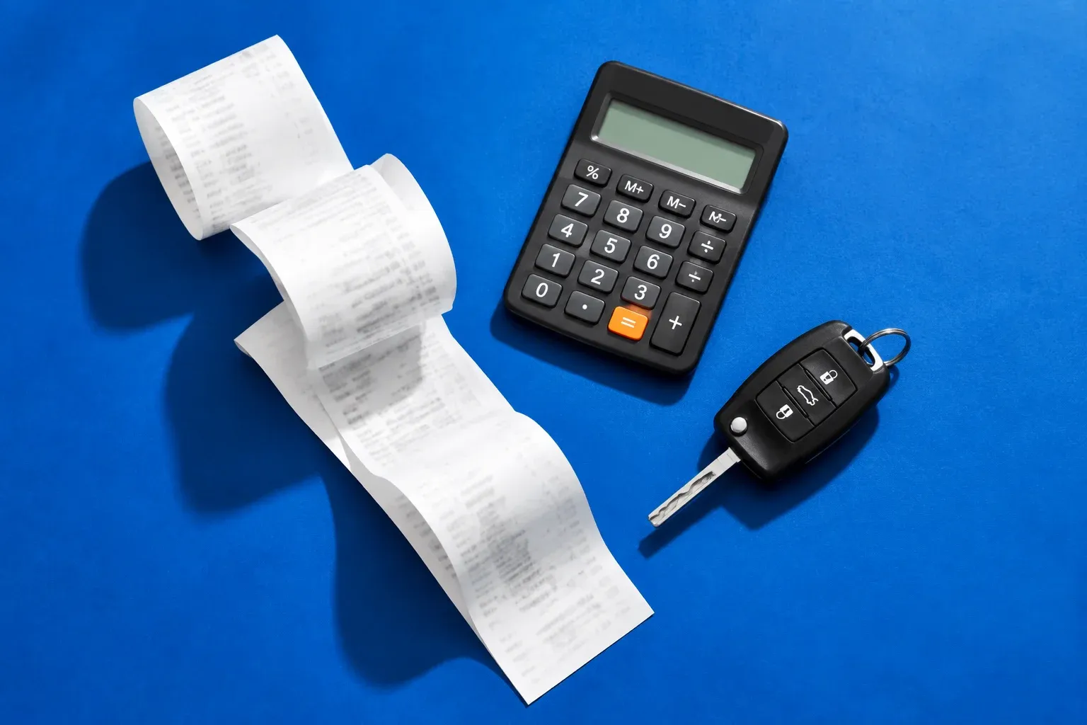 A long curling receipt, small calculator and one car key on cobalt-blue paper