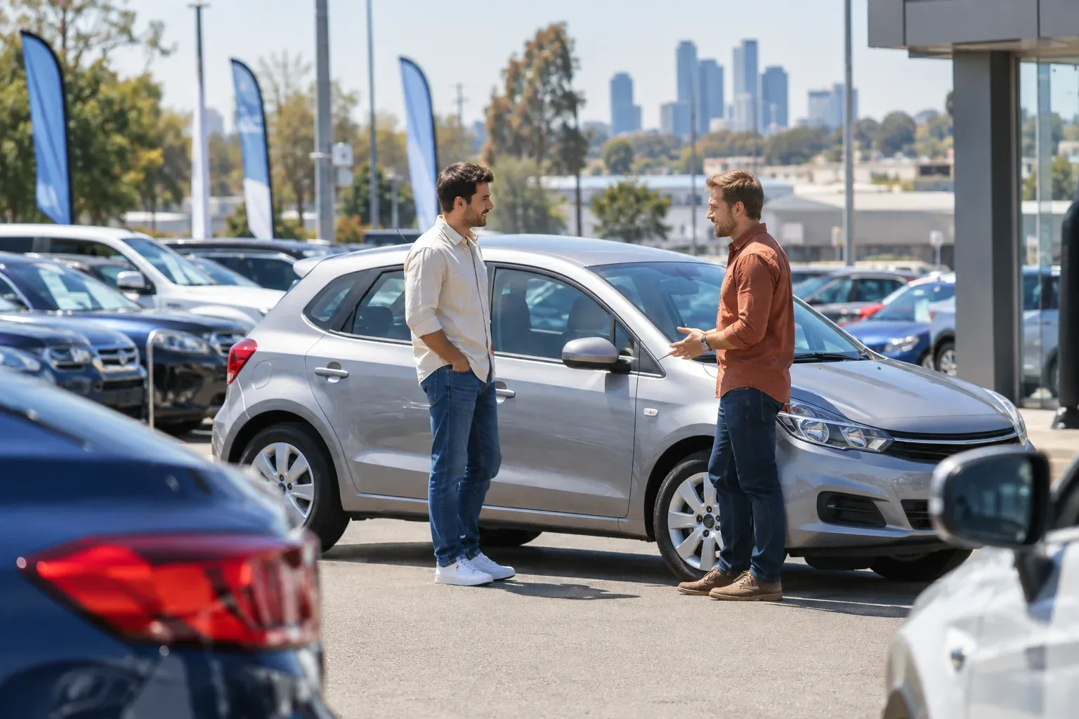 Two adult men in casual cream and rust shirts discussing a modest hatchback across a sunlit dealer forecourt