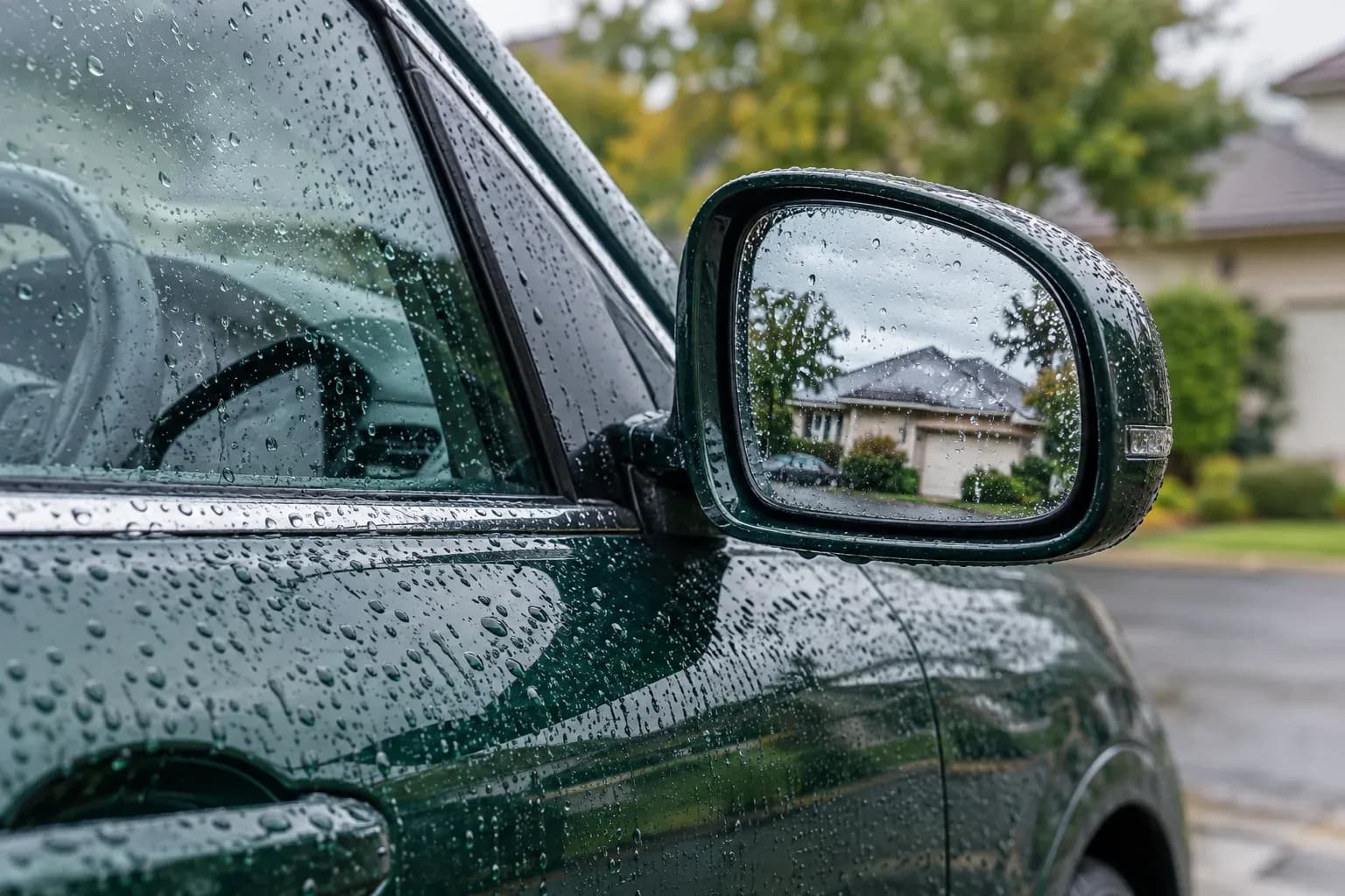 Rain droplets on a forest-green car door and wing mirror reflecting a suburban house
